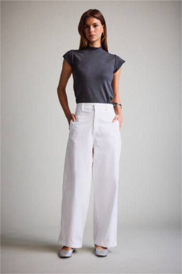 Barrel Fit Çift Cepli Yüksek Bel Düz Paça Gabardin Pantolon