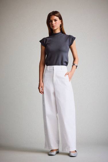 Barrel Fit Çift Cepli Yüksek Bel Düz Paça Gabardin Pantolon