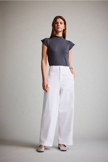 Barrel Fit Çift Cepli Yüksek Bel Düz Paça Gabardin Pantolon