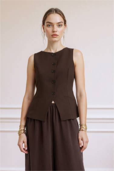 Fitted Bisiklet Yaka Düğmeli Yelek