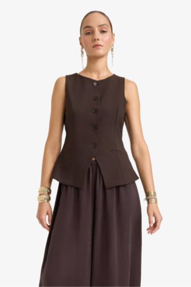 Fitted Bisiklet Yaka Düğmeli Yelek