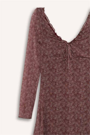 Coool V Yaka Çiçekli Tül Uzun Kollu Mini Elbise