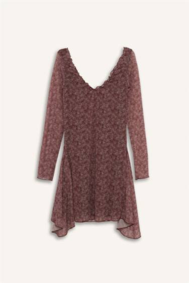 Coool V Yaka Çiçekli Tül Uzun Kollu Mini Elbise