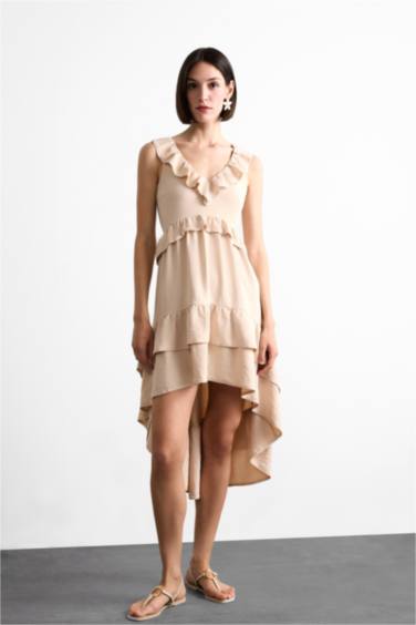 V Neck Flounce Asymmetric Sleeveless Midi Dress