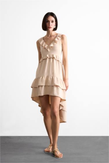 V Neck Flounce Asymmetric Sleeveless Midi Dress