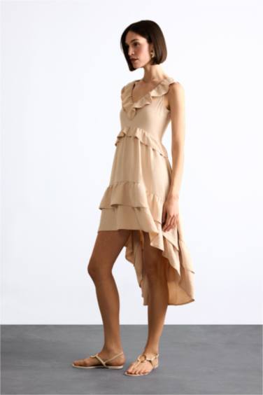 V Neck Flounce Asymmetric Sleeveless Midi Dress