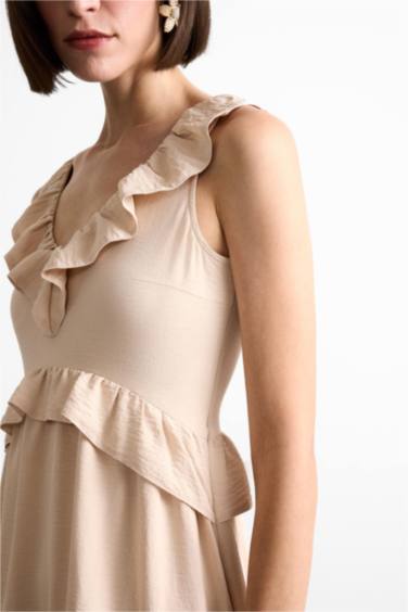 V Neck Flounce Asymmetric Sleeveless Midi Dress