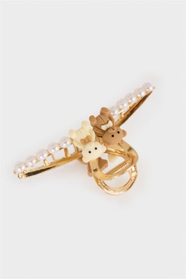 Woman Mini Bear Detail Golden Hair Clip