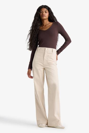 Straight Fit Regular Hem Patch Pocket Gabardine Trousers