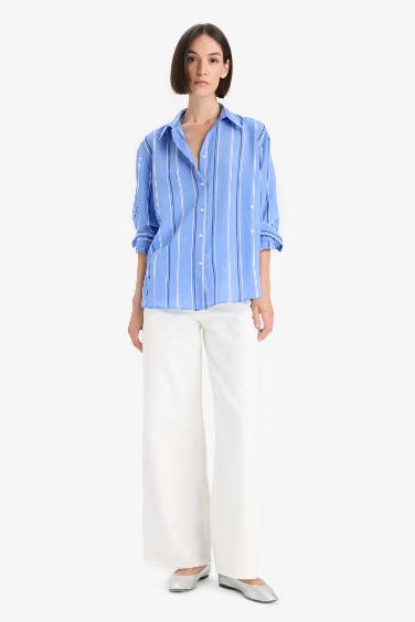 Regular Fit Modal Çizgili Uzun Kollu Gömlek