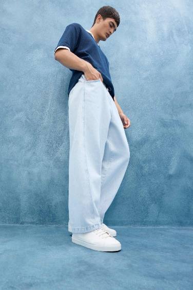 بنطلون جينز قطن باريل فيت برجل واسع وخصر برباط