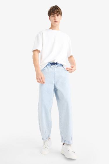 بنطلون جينز قطن باريل فيت برجل واسع وخصر برباط