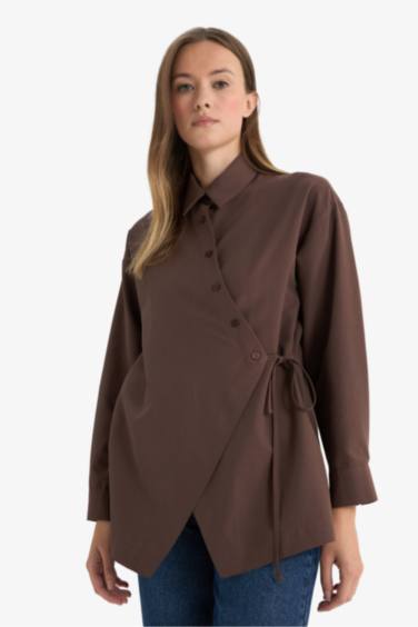 Regular Fit Gömlek Yaka Önden Bağlamalı Poplin Uzun Kollu Gömlek Tunik