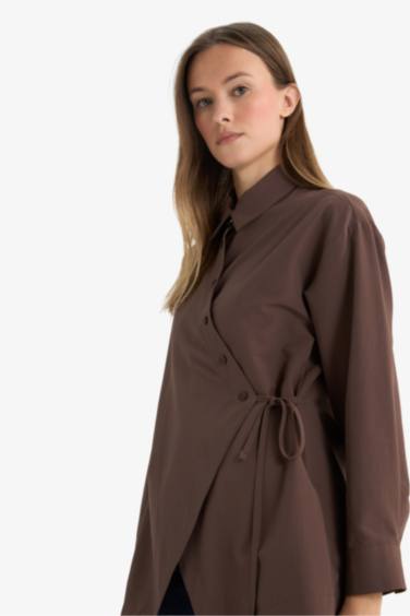 Regular Fit Gömlek Yaka Önden Bağlamalı Poplin Uzun Kollu Gömlek Tunik