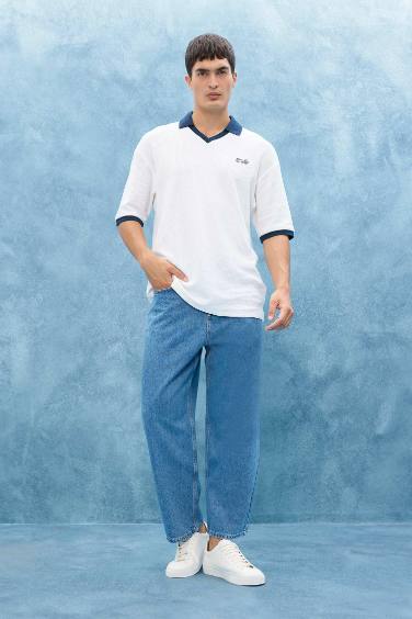 %100 Pamuk Tapered Wide Leg Fit Geniş Paça Jean Yıkamalı Pantolon