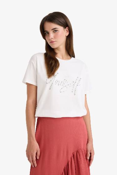 تيشيرت نص كم قصة مريحة مطبوع برقبة مستديرة