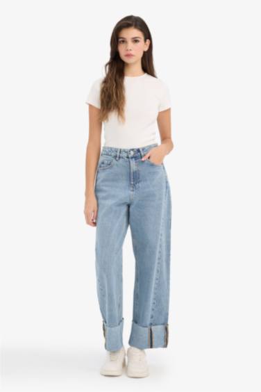 Relax Fit жоғары белді қайырмалы балақты джинс шалбар