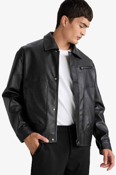 Su İtici Oversize Geniş Kalıp Gömlek Yaka Çıtçıtlı İç Cepli Suni Deri Mont