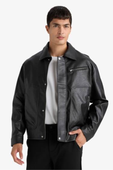 Su İtici Oversize Geniş Kalıp Gömlek Yaka Çıtçıtlı İç Cepli Suni Deri Mont