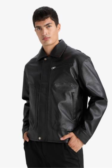 Su İtici Oversize Geniş Kalıp Gömlek Yaka Çıtçıtlı İç Cepli Suni Deri Mont