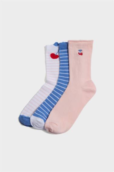 شرابات طويل بناتي قطن مخطط - 3 قطع