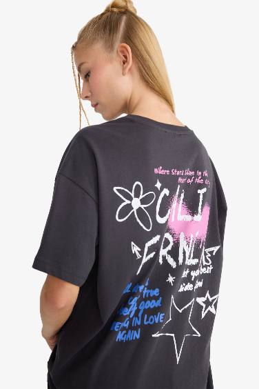 Coool Oversize Geniş Kalıp Bisiklet Yaka Sırt Baskılı Kısa Kollu Tişört