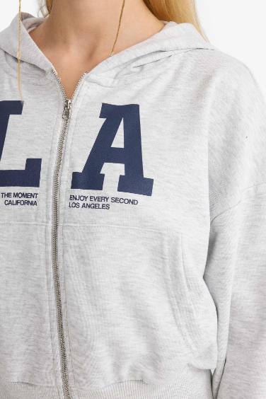 Coool Cropped Fit Kapüşonlu Baskılı Fermuarlı Sweatshirt