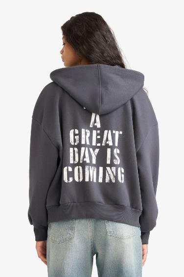 Oversize Fit Hooded Back Printed Thick Cardigan