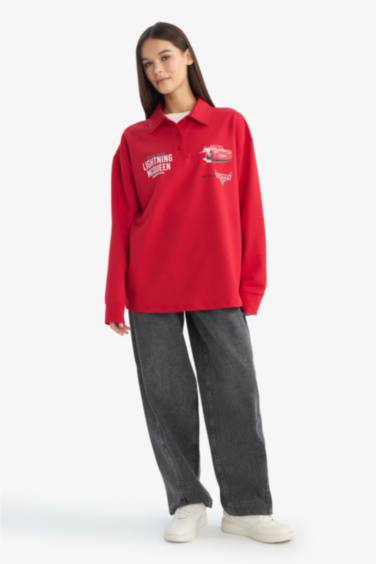 Coool Cars Oversize Geniş Kalıp Polo Yaka Sırt Baskılı Sweatshirt