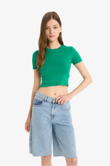 Coool Fitted Crop Basic Düz Kısa Kollu Tişört