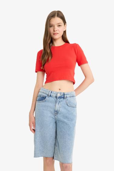 Fitted Crop Basic Red Short Sleeve T-Shirt