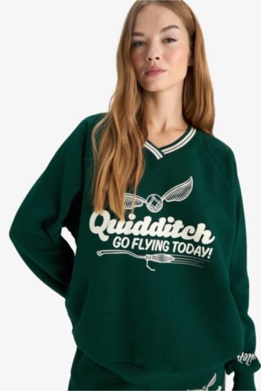 Harry Potter Oversize Fit V-Neck Printed Thick Sweatshirt