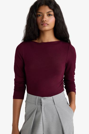 Slim Fit Boat Neck Long Sleeve T-Shirt