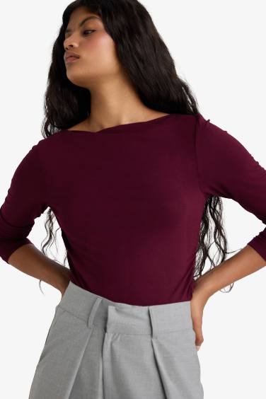 Slim Fit Boat Neck Long Sleeve T-Shirt