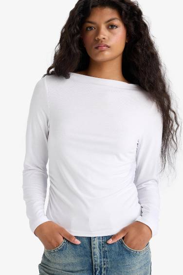 Slim Fit Boat Neck Long Sleeve T-Shirt