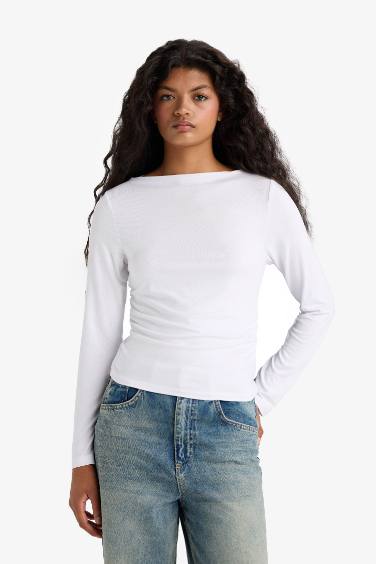 Slim Fit Boat Neck Long Sleeve T-Shirt