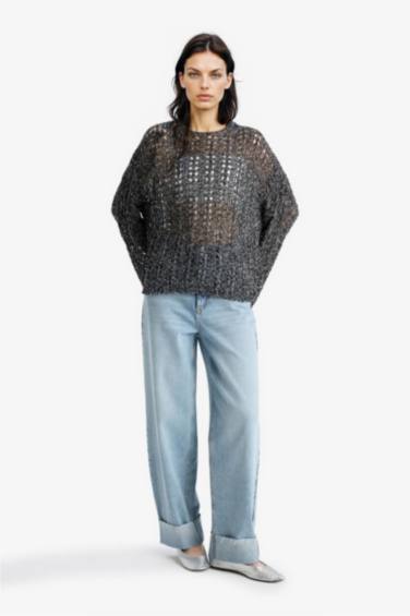 Oversize Fit Boat Neck Crochet Pullover