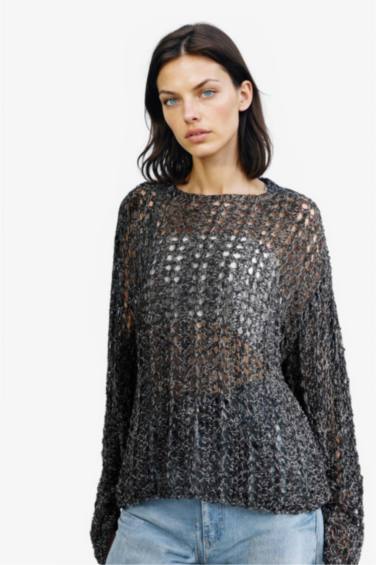 Oversize Fit Boat Neck Crochet Pullover