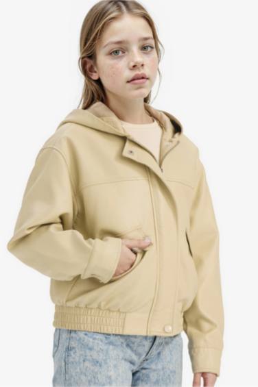 Kapüşonlu Suni Deri Mont Kız Çocuk