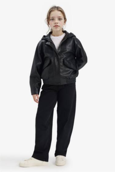 Girl Hooded Faux Leather Jacket