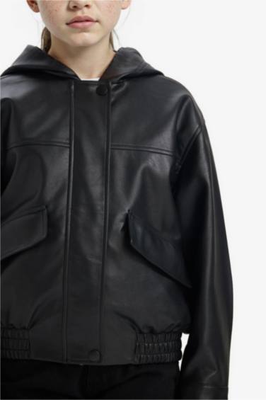 Girl Hooded Faux Leather Jacket