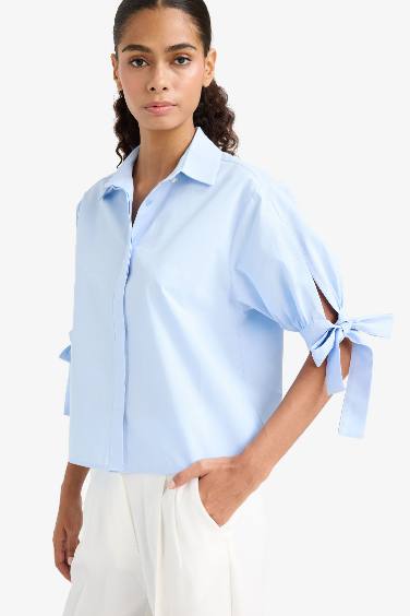 Regular Fit Bağlama Detaylı Poplin Uzun Kollu Gömlek