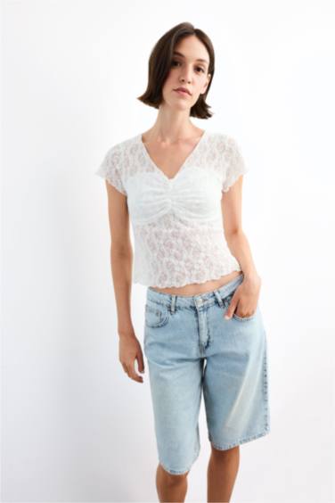 Slim Fit Crew Neck Lace Short Sleeve T-Shirt