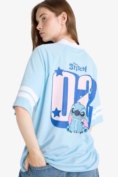 Coool Disney Lilo & Stitch Oversize Geniş Kalıp V Yaka Baskılı Kısa Kollu Tişört