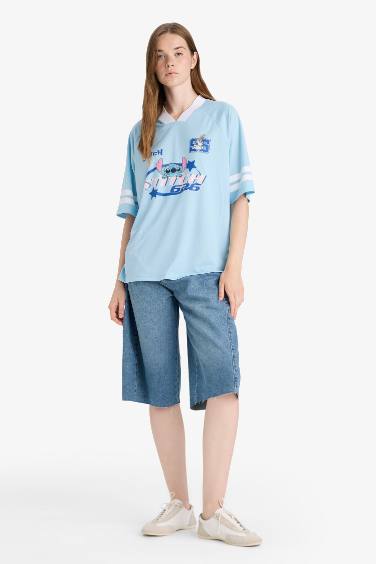 Coool Disney Lilo & Stitch Oversize Geniş Kalıp V Yaka Baskılı Kısa Kollu Tişört