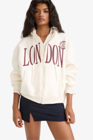 Oversize Fit Hooded Printed Zippered Sweatshirt