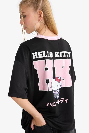 Coool Hello Kitty Oversize Geniş Kalıp V Yaka Sırt Baskılı Kısa Kollu Tişört