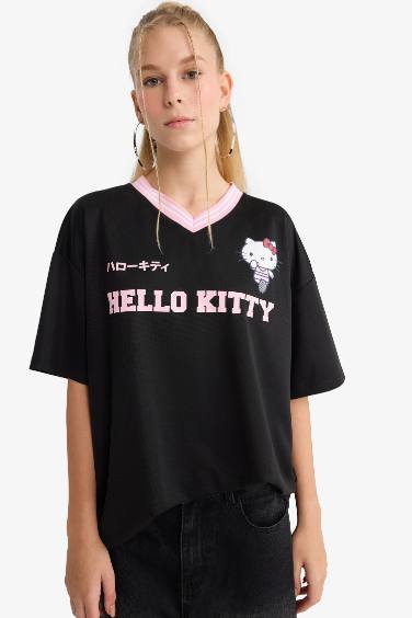 Coool Hello Kitty Oversize Geniş Kalıp V Yaka Sırt Baskılı Kısa Kollu Tişört