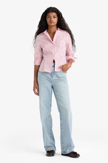 Fitted Çizgili Poplin Uzun Kollu Gömlek