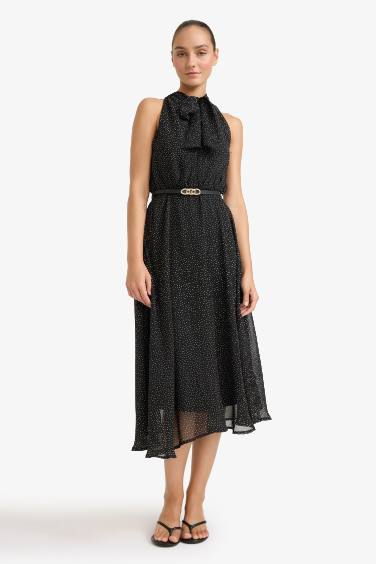 Polka Dot Tie Collar Belted Sleeveless Midi Dress